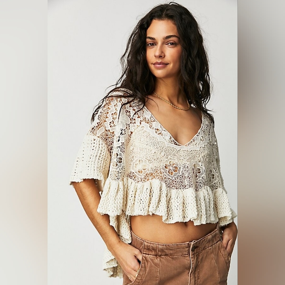Free People Juliette Crochet Lace Sweater Cream V-Neck Size L NWOT